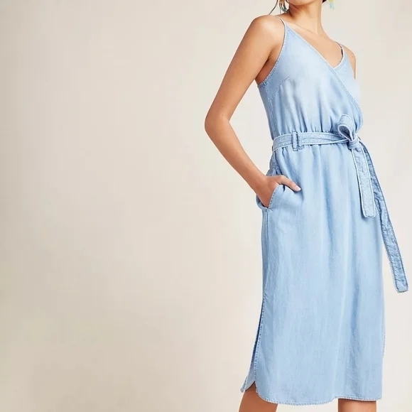 Anthropologie Cloth & Stone Chambray Sleeveless Belted Dress Large - Picture 1 of 8